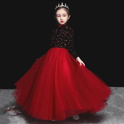 Flower Girl Dresses Three Quarter Illusion Sequined Princess Floor-Length Luxury Burgundy High Lace Tulle Kids Party Gown H201