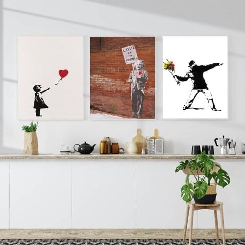 Graffiti Art Canvas Painting Girl With Red Balloon Painting Black White Wall Art Poster Nordic Abstract Living Room Home Decor