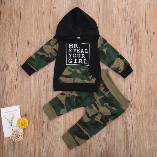 Spring Autumn Toddler Boys Set Simple Letter Pattern Long Sleeve Hooded Top+Personalized Camouflage Printing Trousers Kit