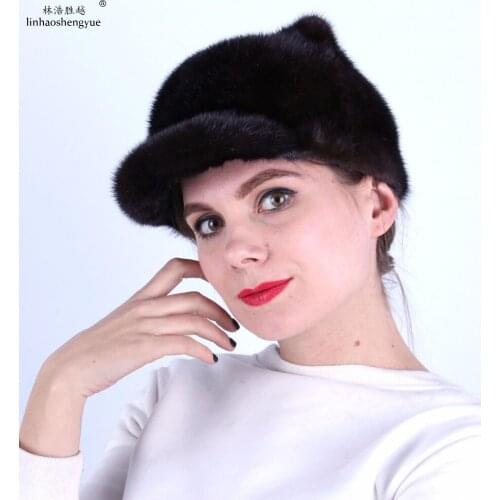 Linhaoshengyue Fashion Women Mink Fur Cap Ear Cap with Mink Fur Tail Skin Mink Hat