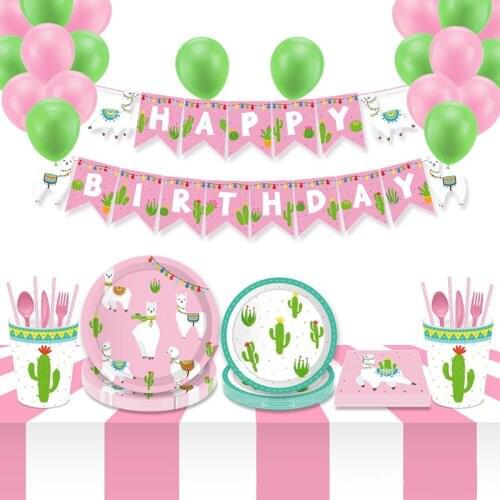 Llama Party Disposable Tableware Cartoon Cactus Alpaca Paper Plates Cups Kids Birthday Baby Shower Party Decoration Supplies