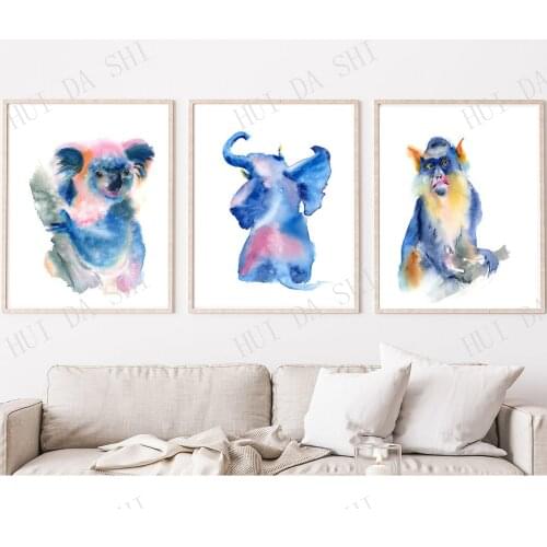 Bright Animals print Set of 3 wall art decor, watercolor Koala, elephant and monkey gallery painting, Modern artwork poster