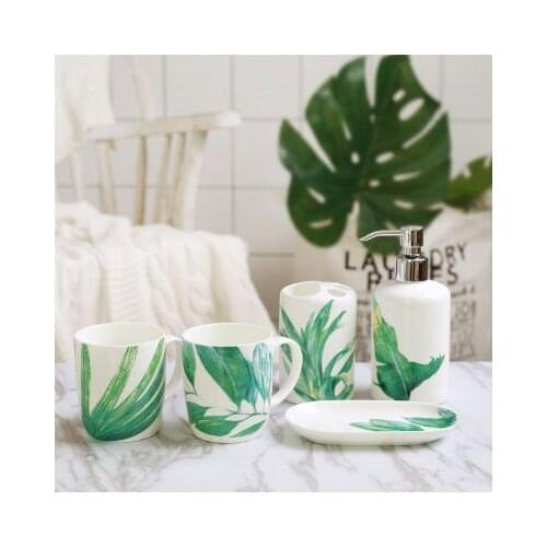 Green Rainforest Style Ceramic Bathroom Five-piece Set Home Bone Porcelain Wash Cup+Toothbrush Holder+Lotion Bottle+Soap Dish