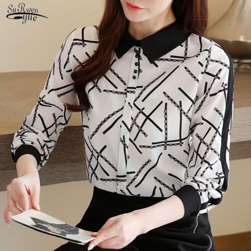 2020 Autumn New Elegant Printing Color Contrast Long Sleeve Chiffon Blouse Korean Style All-match Slim Design Women Shirt 10757