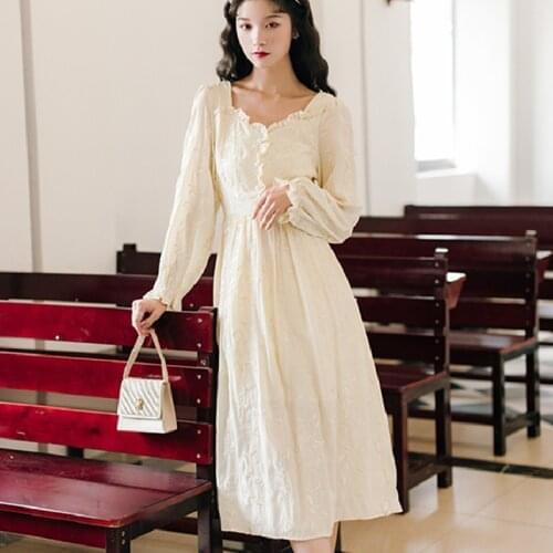 Spring Summer 2021 Runway Elegant Vintage Embroidery French Fairy Casual Vacation Party Vestidos Women Long Apricot Retro Dress