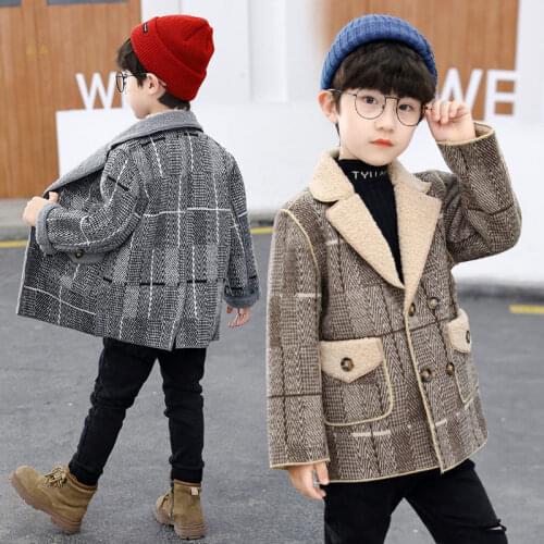 Wool Coat Jacket For Boy Plus Velvet 2021 New Blazer Collar Childrens Outerwear Striped Fashion Trench for Autumn High Quality