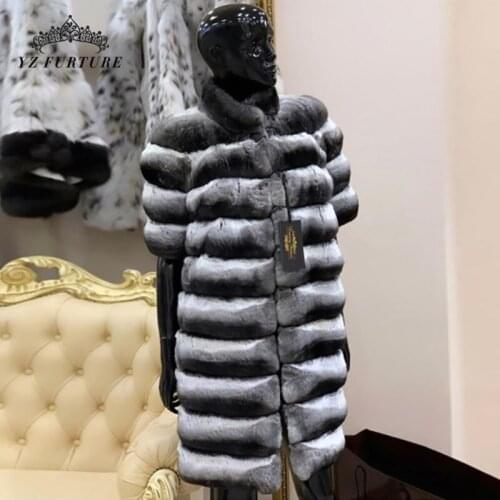 Long Size Real Rex Rabbit Fur Chinchilla Fur Coat/Grey Striped Outwear Short slevees Plus Size Fur Coats Women Fur Coat Jacket