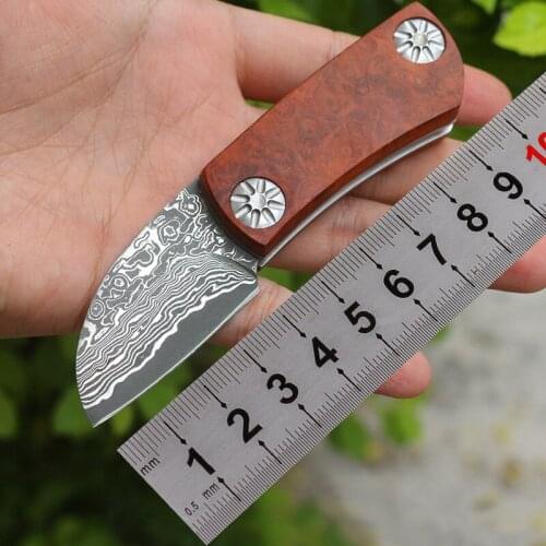 Damascus Steel Grain Blade Thickened Red Shadow Wooden Handle Mini Folding Knife 60HRC High Hardness Outdoor Survival Knives