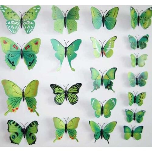 12Pcs Waterproof Wall Stickers Green Butterfly Wall Decals For Kids Room TV Wall Sticker Home Decor Kitchen PVC Butterfly 3D DIY