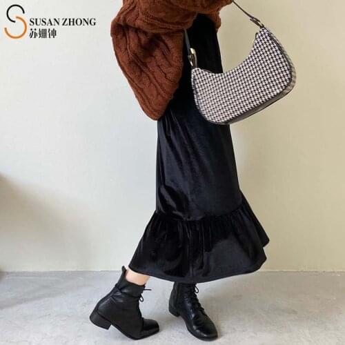 Women Long Skirts Female Elegant Loose Trumpet Velvet Fabric Elastic Waist Ruffled Hem Modern Office Lady Romantic Chic Autumn