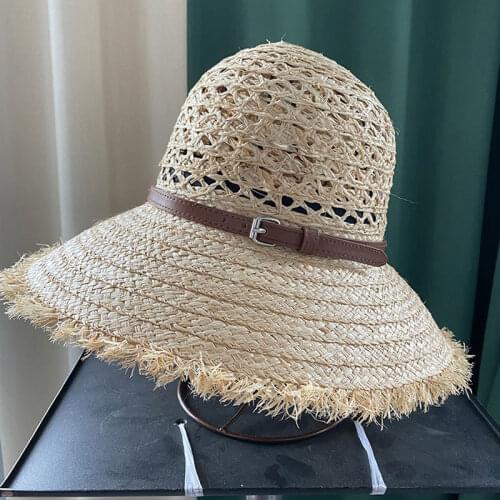 2021 Quality New Summer Hollow Out Dome Straw Hat Female Hand Woven Raffia PU Belt Decoration Holiday Sun Hat Fashion