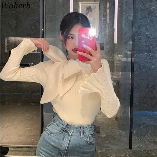 Woherb Women Pullovers Sweater 2021 Korean Elegant Bow Lacing Knitted Fashion Bottoming Jumper Office Ladies Tops Pull Femme
