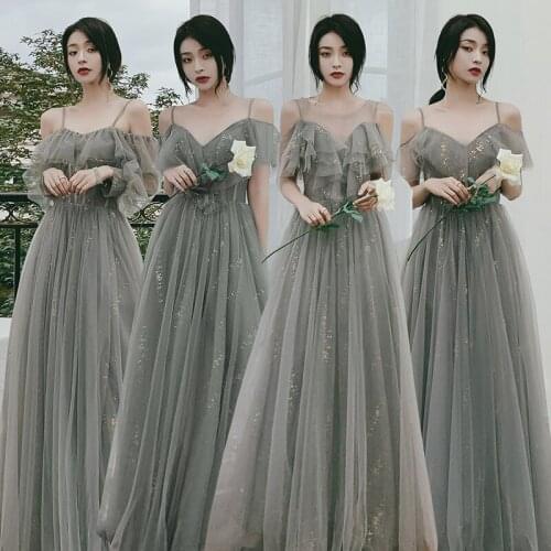 Beauty-Emily Tulle Cystal Gray Bridesmaid Dresses Long Shiny Off Shoulder Wedding Party Dress Lace Up Back Prom Gowns 2020 Hot