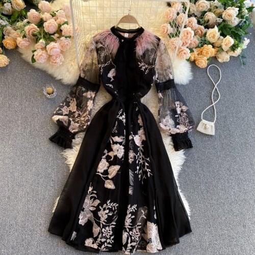 SINGREINY High Quality Elegant Party Dress Women Korean Design Long Sleeve A-line Dress 2021 Spring Mesh Embroidery Flower Dress