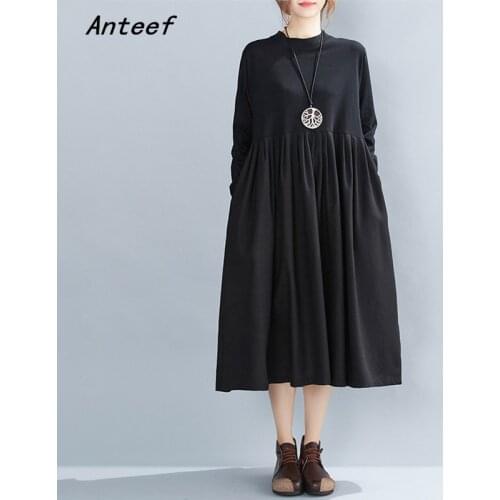 Long sleeve plus size black cotton vintage dresses for women casual loose autumn winter dress elegant clothing 2021