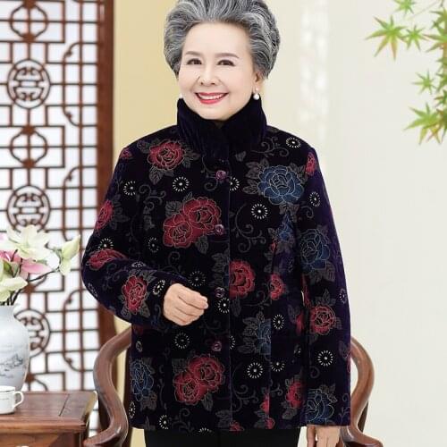Elderly Women Winter Jacket Coats Plus Size 5XL Plus Velvet Warm Parkas Outerwear Single Breasted Grandma Cotton Jackets A114