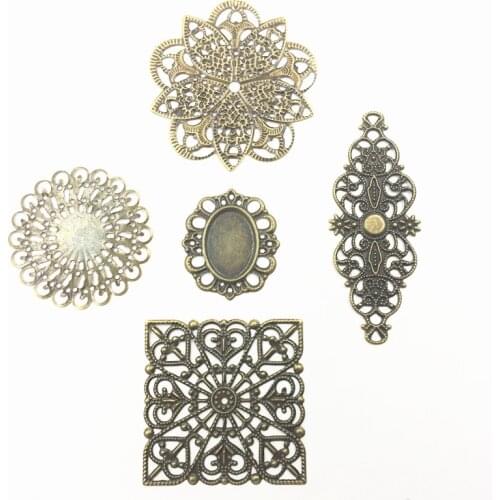10Pcs Bronze Tone Round Square Flower Alloy Connectors Filigree Wraps Hollow Pattern Embellishments Jewelry DIY Charms