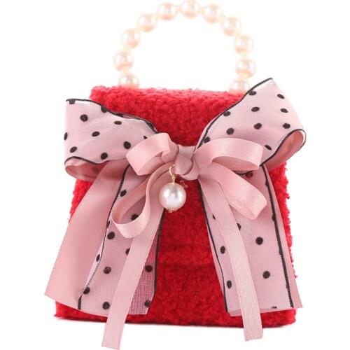 2021 Lovely Toddlers Sweet Plush Handbag Little Girls Creative Faux Pearl Handle Bow Mesh Decoration Dual-use Messenger Bag