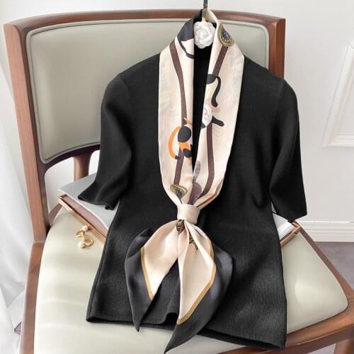 2021 Narrow Long Silk Scarf Women Spring Autumn Animal Cat Print Decoration Neckerchief Hair Band Ribbon Skinny Scarfs Female