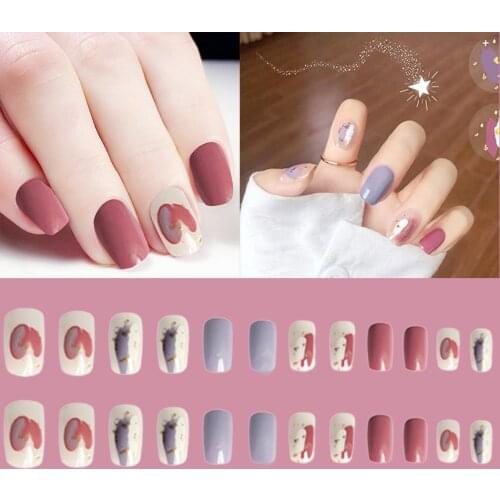 24pcs Short False Finger Nail Art Patches Wearable Simple Wine Red Solid Color Phototherapy Full Cover Nail Patches Manicure