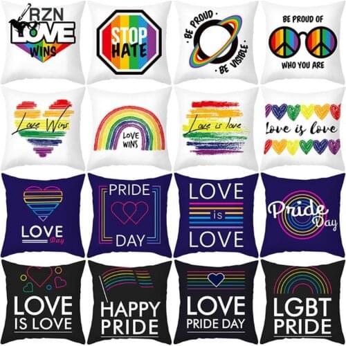 45x45cm Rainbow Heart Print Throw Pillow Case Letters Gay Pride Symbol LGBT Community Polyester Velvet Decorative Cushion Cover