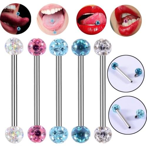 1PC Anti-Allergy Surgical Steel Tongue Rings Handmade Double Epoxy Coated Crystal Piercing Tongue Barbells Piercing Jewelry 14g