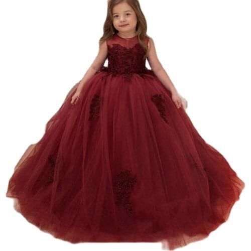 Ball Gown Dark Burgundy Kids Pageant Dress Girls Christmas Birthday Party Dresses for Girls Aged 3 4 5 6 7 8 9 Years