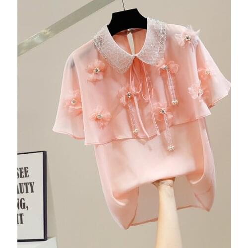 Loose Pink Blouse Women Beads Diamond Sweet Tridimensional Flower Lace-up Doll Collar Lotus Leaf Blusas Ladies Tops Blusas Blue