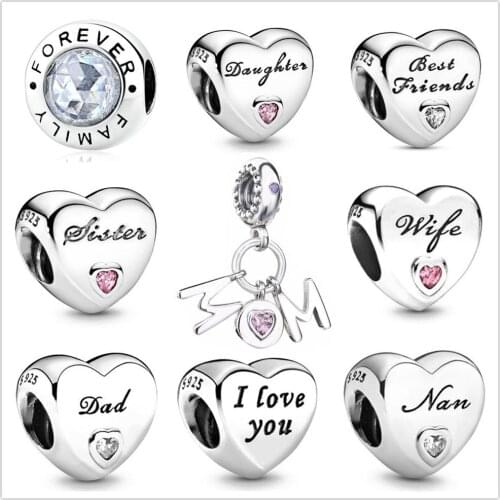 Heart shape Sister Dad Mom Daughter beads fit Original Pandora charms silver 925 Bracelet trinket jewelry for women DIY making