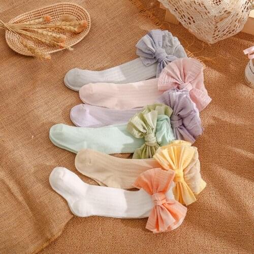Kids Cotton Socks Cute Big Bowknot Stocking Baby Girls Cotton Mesh Breathable Soft Long Tube Socks for Spring Autumn 0-3 Years