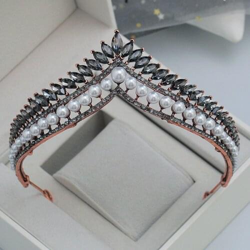 Baroque Bronze Black Crystal Pearls Heart Bridal Tiaras Crowns Rhinestone Diadem Veil Tiara Headbands Wedding Hair Accessories