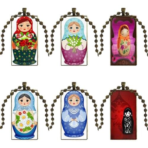 For Wedding 2019 Colorful Russian Matryoshka Doll Bronze Color Glass Cabochon With Rectangle Shaped Pendant Choker Necklace