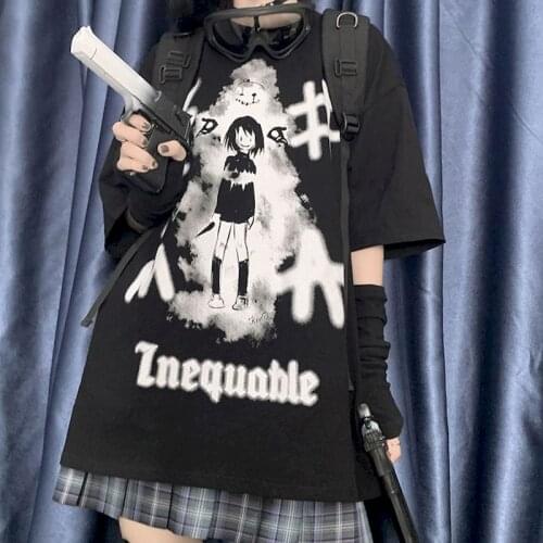 Short-sleeved T-shirt female ins Korean version of the college style dark graffiti Japanese girl printing loose T-shirt top