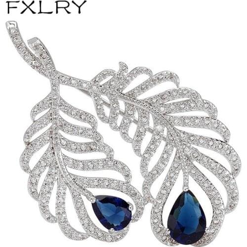 FXLRY New Arrive Personality Fashion Women White Color AAA Cubic Zircon Feather Shape Brooches Sweater Coat Accessories