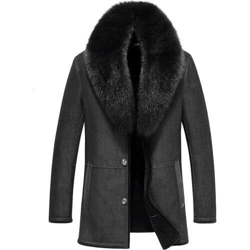 Leather Jacket Men Sheep Shearling Fur Coats Real Fox Fur Collar Wool Fur Coat Winter Jacket Jaqueta De Couro 37-1879 YY507
