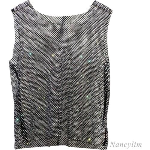 Summer Thin Rhinestone Vest Shirt Woman Mesh Top Bling Sling New Hollow All-Match Casual Sleeveless Tees
