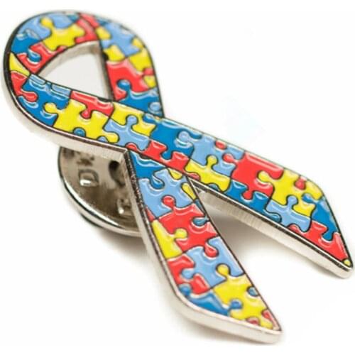 Multiple Color Puzzle Pattern Autism Ribbon Lapel Pin
