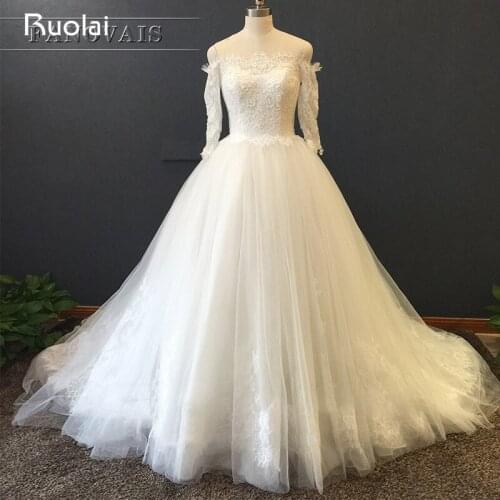 Real Photo Ball Gown Boat Neck Long Sleeves Lace Appliques Beaded Tulle Wedding Dress Button Back Long Vestido de noiva ASAF29