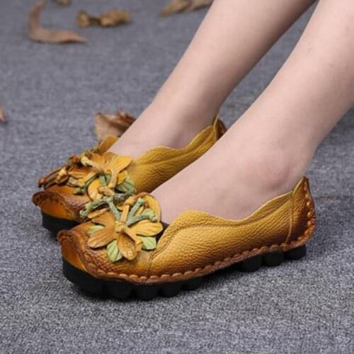 New Autumn Flowers Handmade Shoes Womens Floral Soft Flat Bottom Shoes Casual Sandals Folk Style Women Genuine Leather Shoes