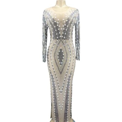 Women New Sexy Stage Rhinestone Pearls Transparent Long Dress Evening Birthday Celebrate Costume Wedding Dancer Prom Party Dress