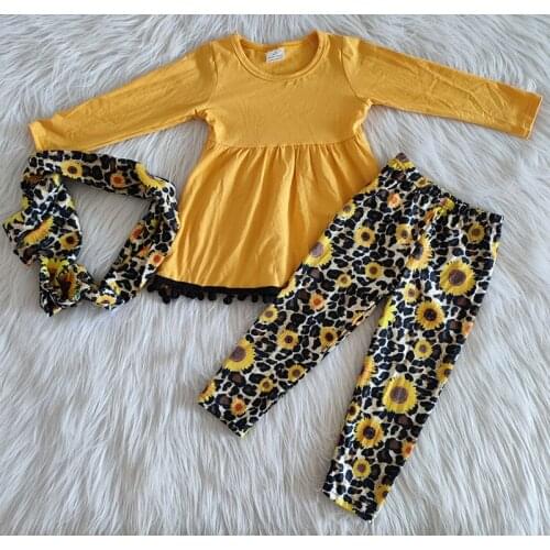 Wholesale Baby Girl Boutique Outfit Yellow Long Sleeve Scarff Solid Color Shirt Leopard Sunflower Pants Set Kid Fashion Clothes