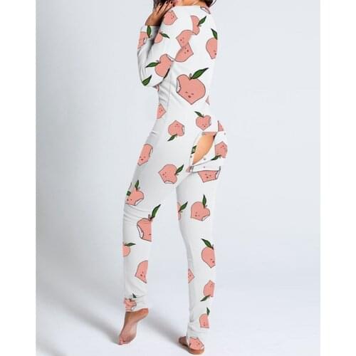 Autumn Fruits Print Sleepwear Buttons Up Pajamas Playsuit 2021 Fashion Women Back Flap Overalls V-neck Long Sleeve Jumpsuits