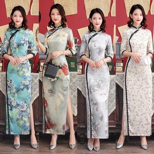Natural Real Women Silk Long Three Quarter Sleeve Lace Border Cheongsam Stand Collar Retro Performance Daily Qipao Party Gown