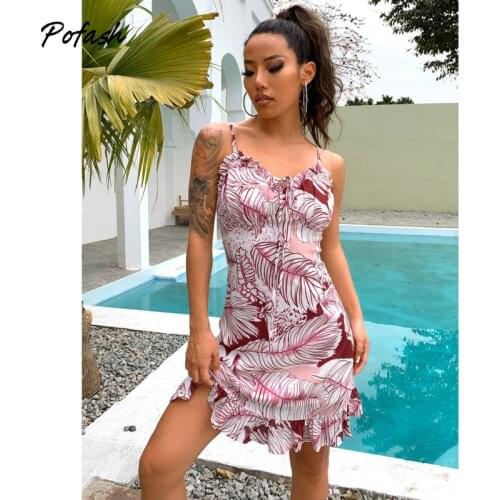 Pofash Ruffle Print Summer Dresses For Women 2021 V Neck Spaghetti Strap Backless Bodycon Dress Bohemian Holiday Mini Vestidos