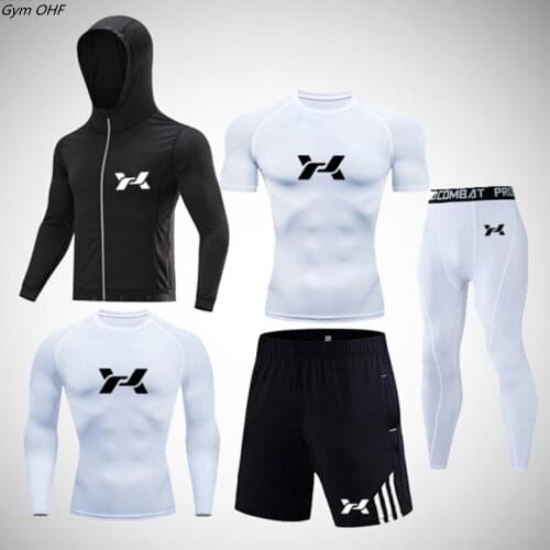 Mens Boxing Suit Gym Sportswear Mens Tight Suit Mens Running Tight Pants Quick Drying Suit Stretch Suit Tennis T-Shirt MMA