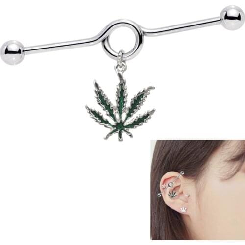 2PCS Industrial Barbell Earring Maple Leaf Cartilage Piercing 14G Stainless Steel Jamaica Long Screw Helix Ear Body Jewelry