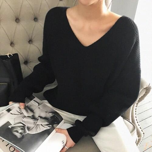 Spring Ladies Knit Sweater Solid Color Pullover Sexy V-Neck Loose Long Sleeve Sweater Sweater Top