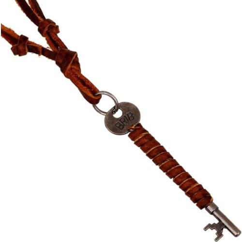 Punk Vintage Retro Long Leather Necklace Alloy Key Pendant Statement Adjustable Chain Hiphop Fashion Jewelry for Women Men Gift