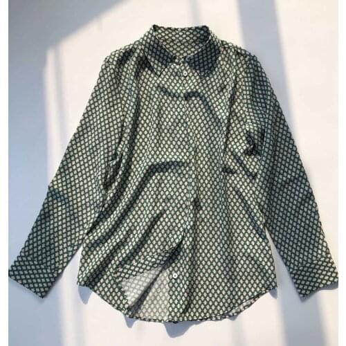 Women Shirt Retro 2021 Elegant Geometrical Printed Regularly Arranging Geometrical Matrix Silk Blouses shirt