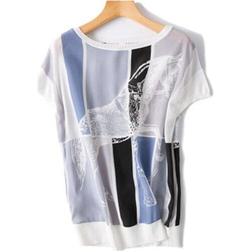 Women spring summer fashion patchwork color horse pattern printed silk tshirt short sleeve Oneck pink 2color M/L